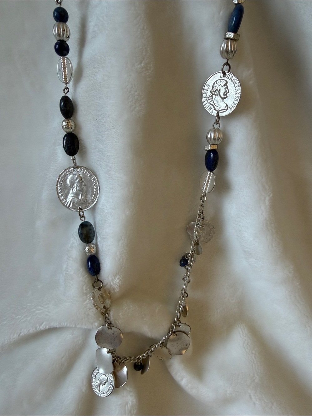 Silver Coin & Navy Bead Charm Necklace - Women Jewelry